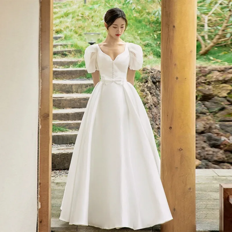 

Beshinel Customized White V Neck Puff Sleeve Wedding Dresses Short Sleeves Princess Fluffy Bow Formal Occasions Prom Gowns