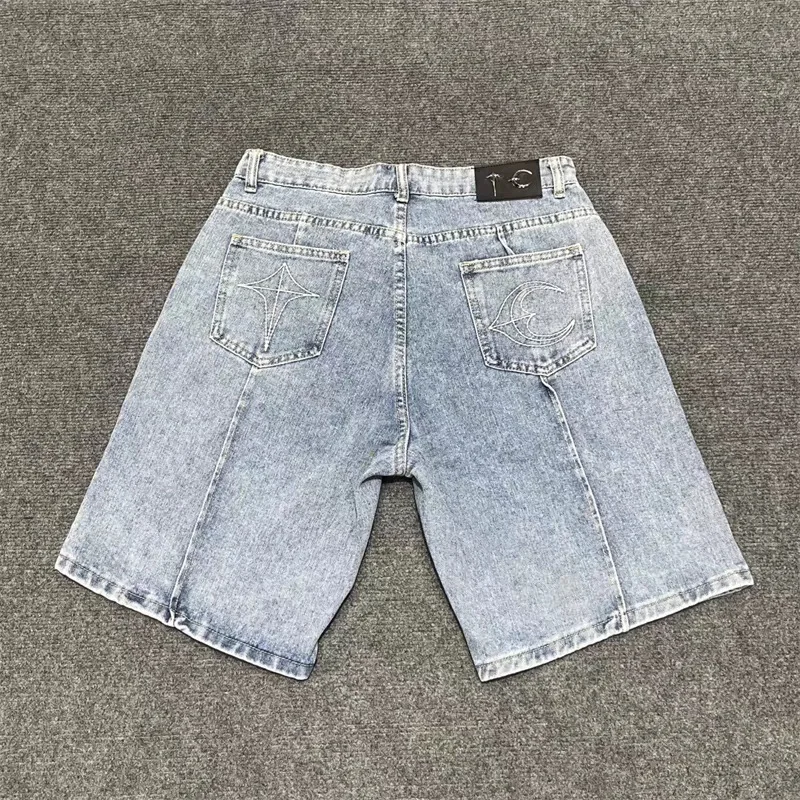 

High Street Hip Hop Thug Club Jeans Pants Real Photo Men's Streetwear Summer New Embroidery Metal Logo Denim Shorts