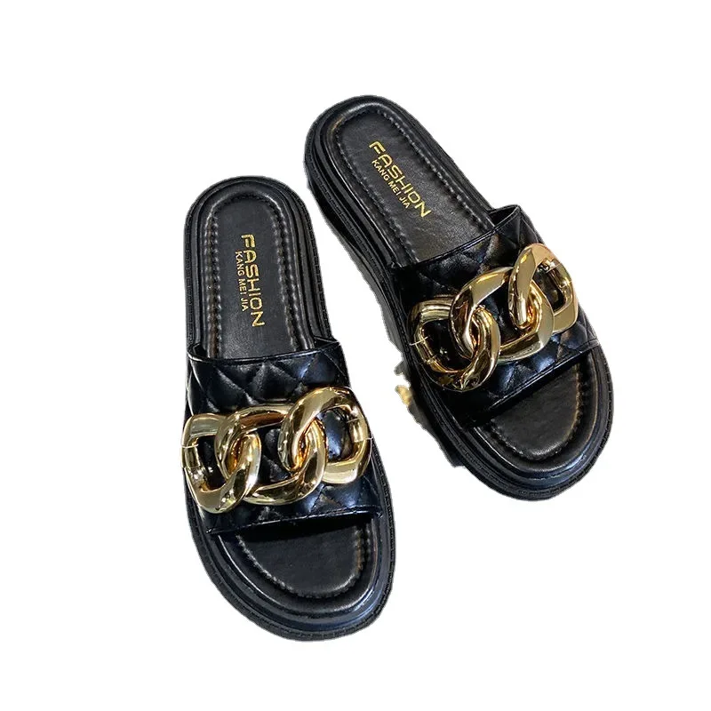 Net Red Fashion Thick Bottom Sandals And Slippers Women\'s All-match Summer Casual Metal Buckle One-word Slippers