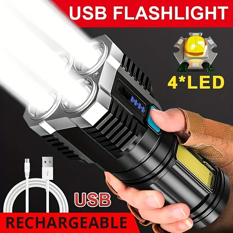 Portable Powerful 4 LED Flashlight With COB Side Light 4 Modes USB Rechargeable Torch Camping Tool Searchlight for Outdoor