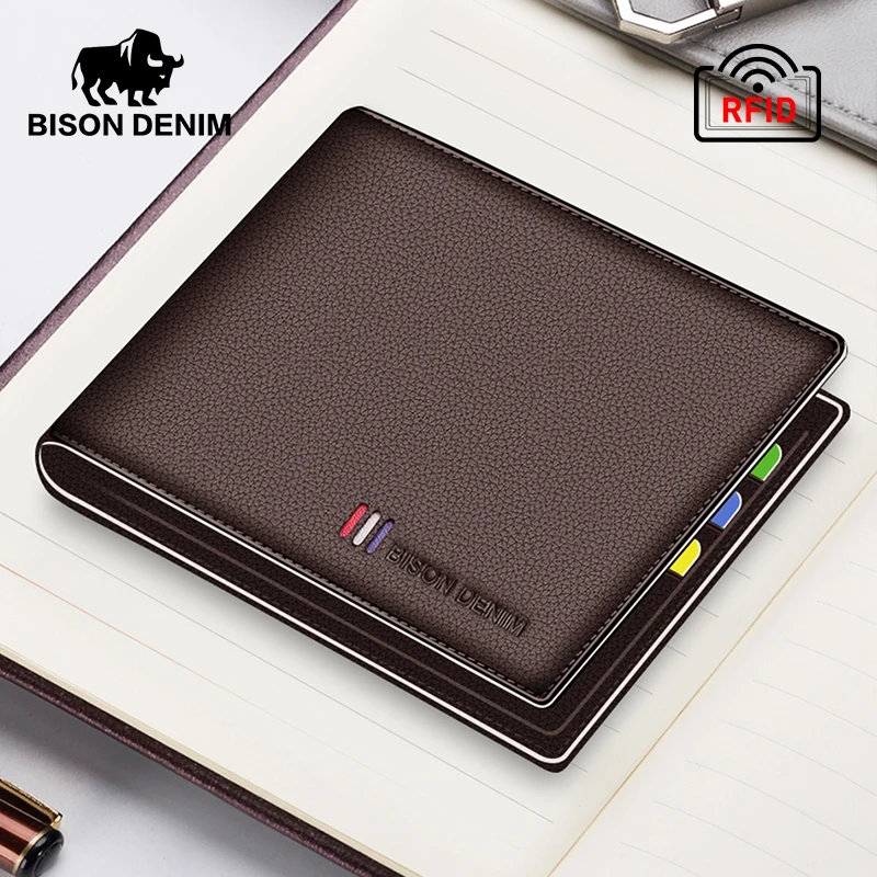 

BISON DENIM Genuine Leather Men's Wallets RFID Blocking Small Purse Bifold Credit Card Holder Ideal Gift For Father Boyfriend