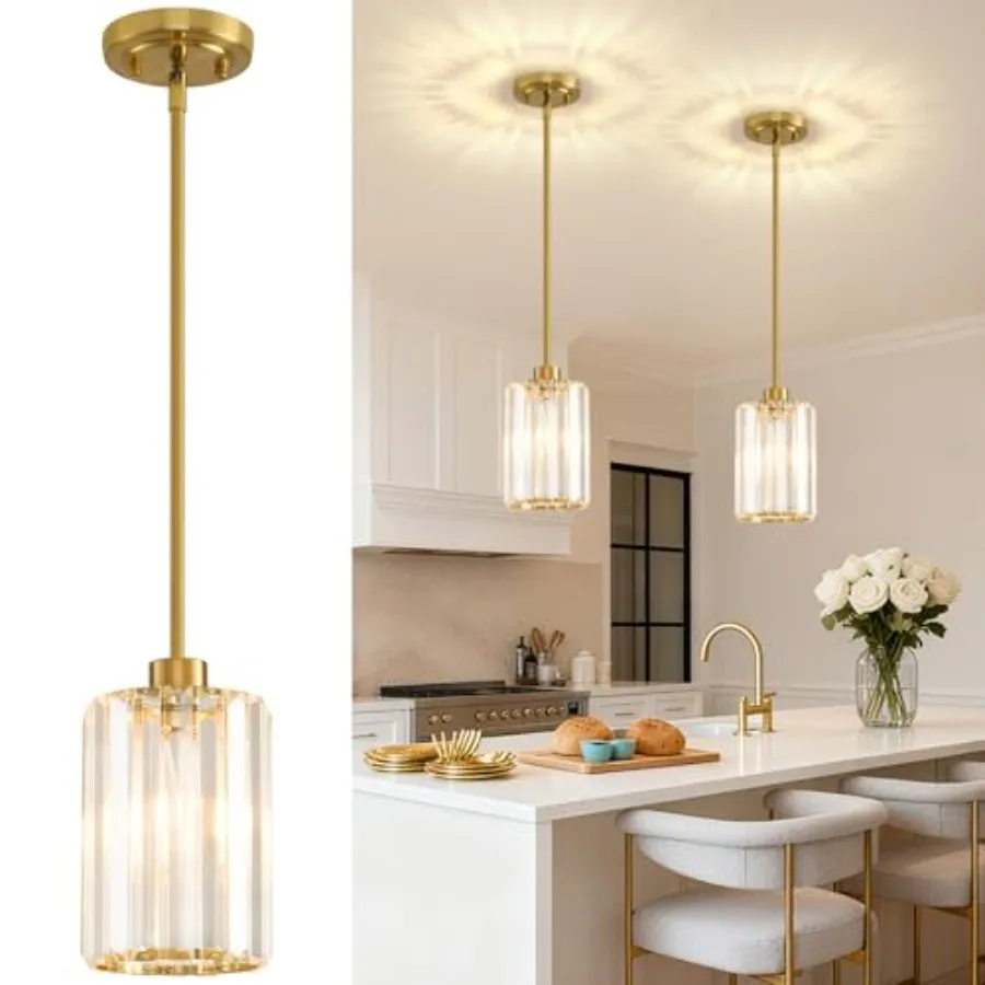 2 Pack Pendant Lights Kitchen Island, Modern Gold Pendant Light Fixtures, Mini Chandelier Crystal Kitchen Island Lighting, Hang