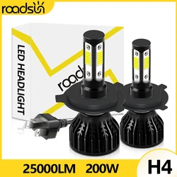 LED Headlamp H4 25000LM 200W H4 9003 HB2 Hi/Lo Beams Car Fog Lamp Bulb 6000K 8000K 12V 4-Sided LED COB Chip 360 Degree Lighting