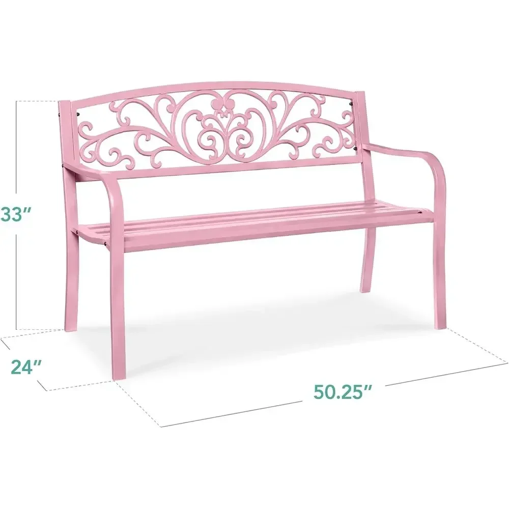 Pink Steel Outdoor Bench with Floral Design Backrest and Slatted Seat for Garden, Patio, Porch, Lawn, Park, and Deck