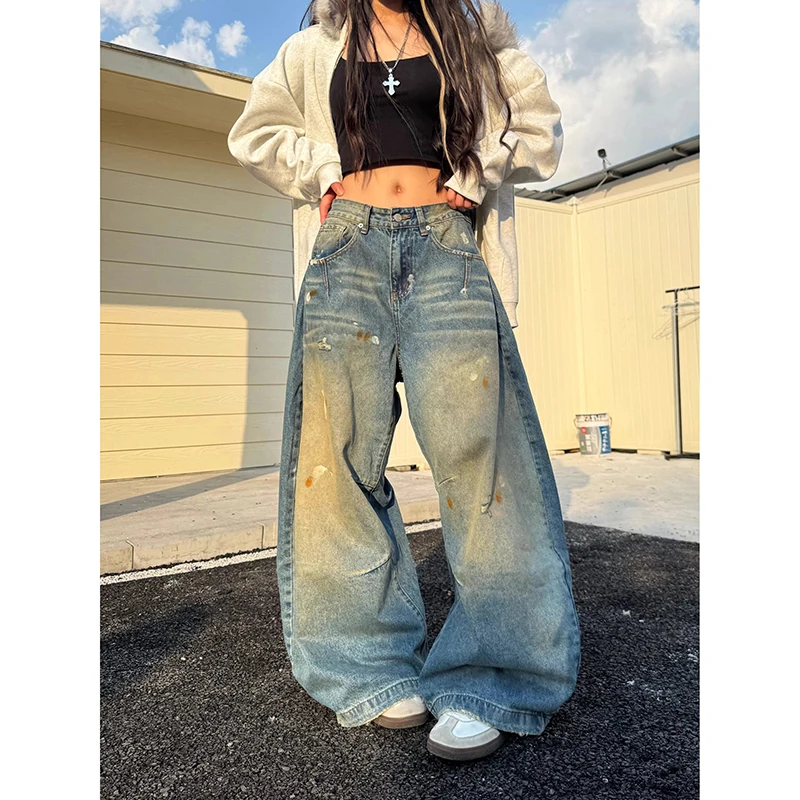 

YIBASHU Women Vintage Baggy Ripped Jeans High Waist Grunge Denim Trousers 2000s Y2k Harajuku Aesthetic Blue Pants Trashy Clothes