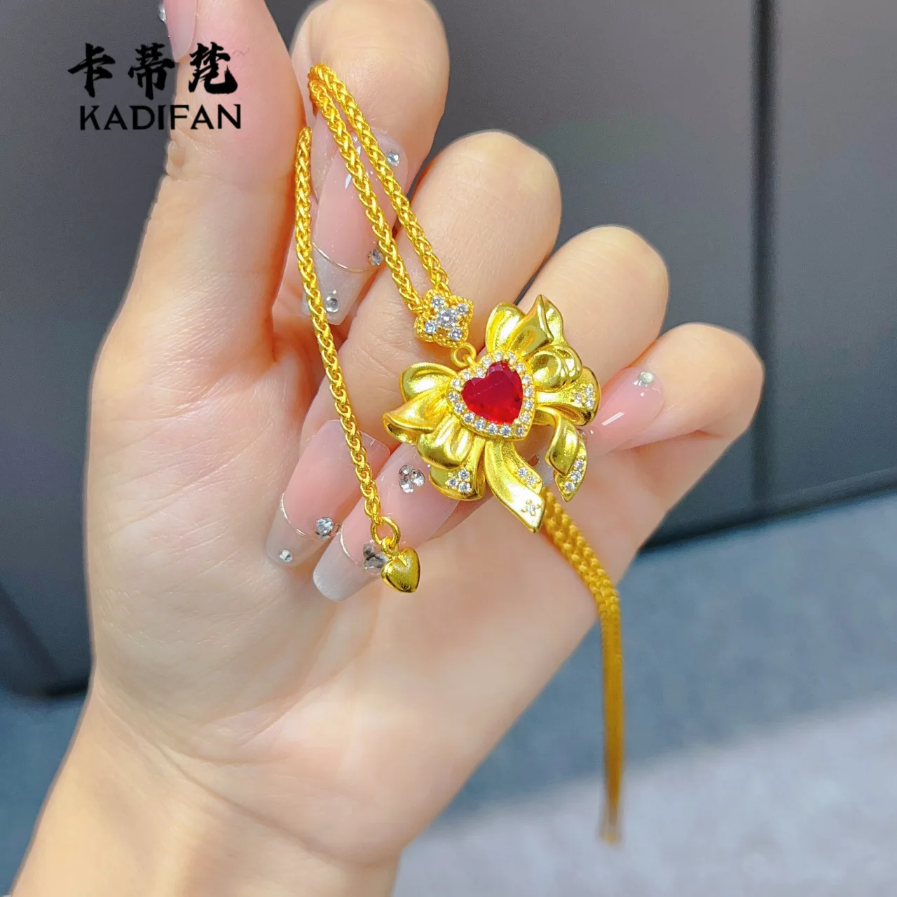 

Gold store 9999 24K real gold Sailor Moon point diamond red love bow pendant necklace pull and adjust