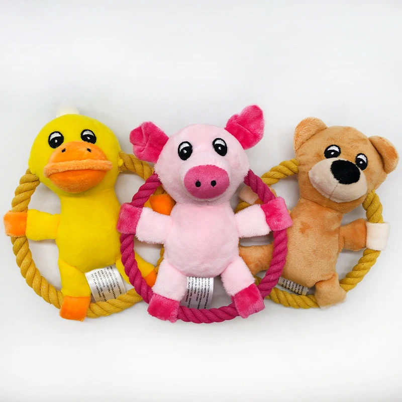 Cotton Rope Throw Toys for Pets Cartoon Duck Pig Small and Medium Dogs Squeaker Chew Training Toy Durable Outdoor Dog Flying Dis