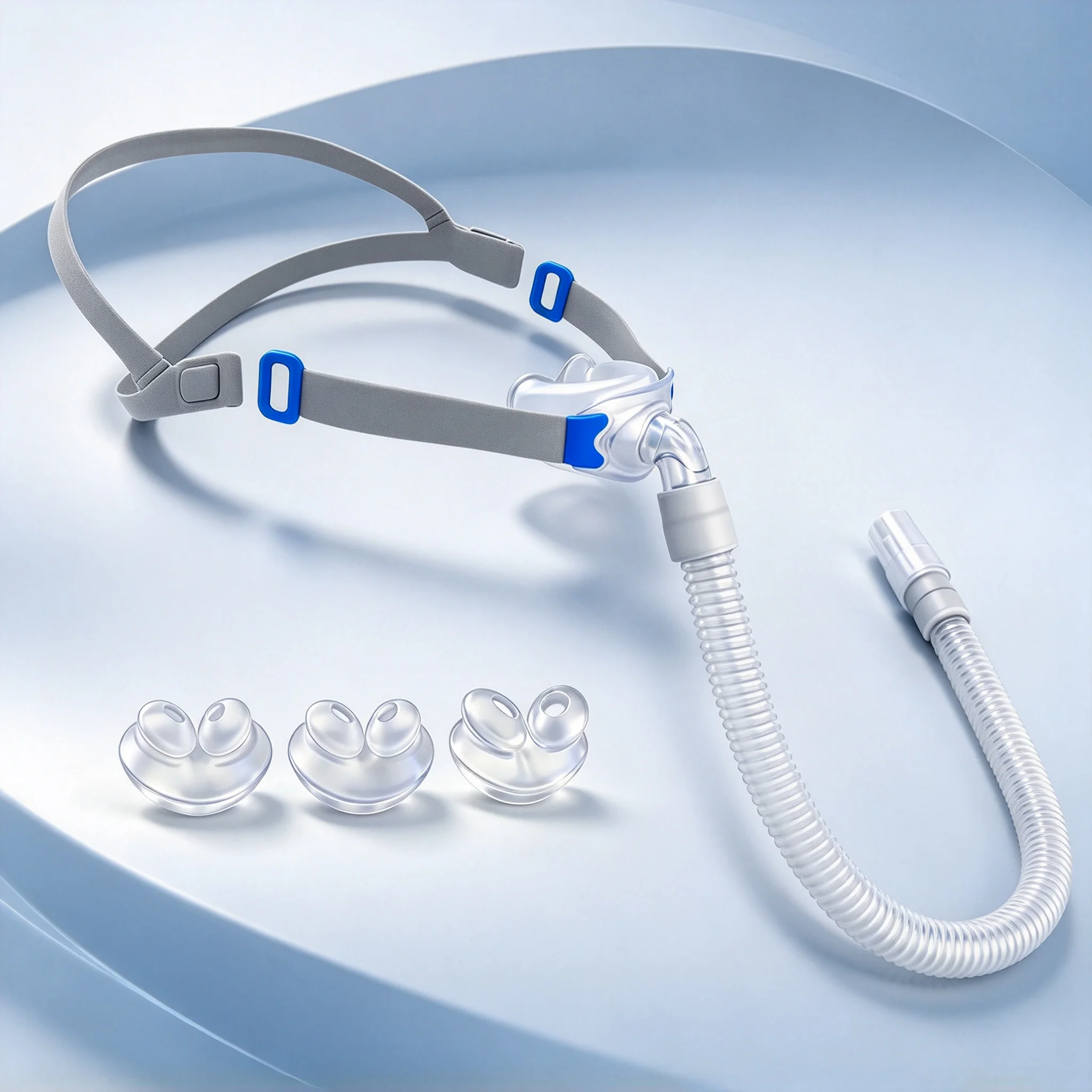 CPAP Nasal Pillow Mask Complete Kit, Includes Headgear Strap, Frame, 3 Size Nasal Cushions & Tubing Hose, BiPAP Replacement Mask