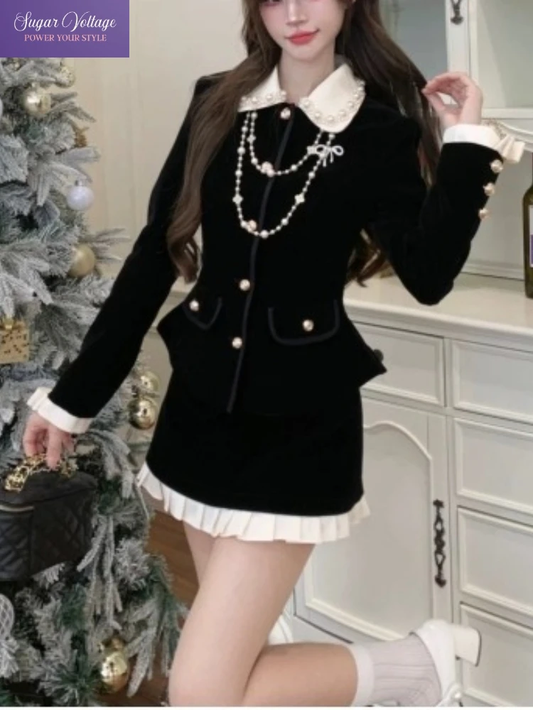 

Роскошный французский комплект из 2 предметов, женская черная бархатная короткая куртка с воротником «Питер Пэн» + мини-юбка с рюшами и высокой талией, элегантный праздничный наряд