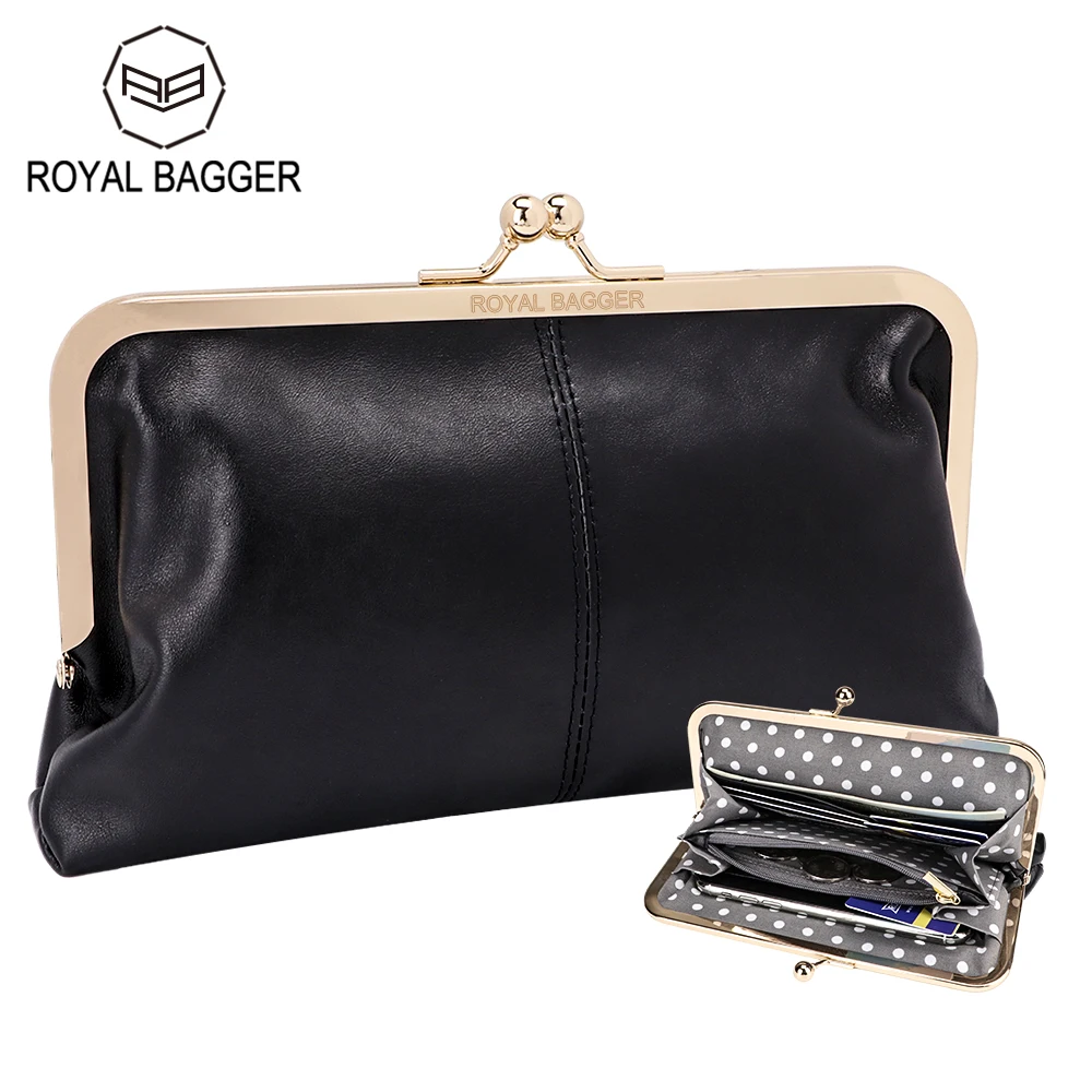 

Royal Bagger Kiss Lock Wallet Purse for Women Genuine Cow Leather Large Capacity Card Holder Elegant Clutch Phone Bag