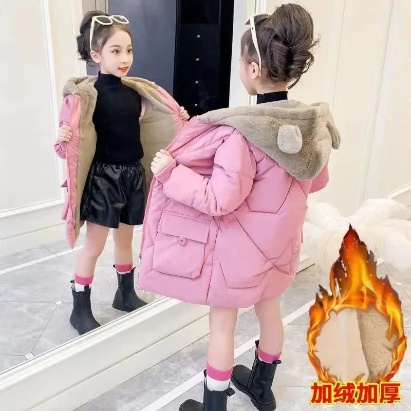 Winter Padded Thickened Coat Girls Warm Hooded Jacket Autumn New Children's Fashion Leisure Solid Colour Long Outerwear 4-14Y