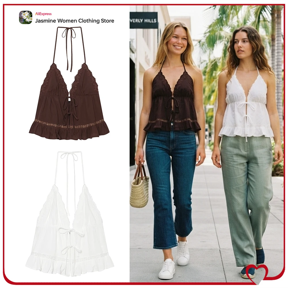 Elegant Women Embroidered Gauze Halter Tops with Tie Closure New in Summer Halter Tops with V-neck.and Tonal Embroidered Detail