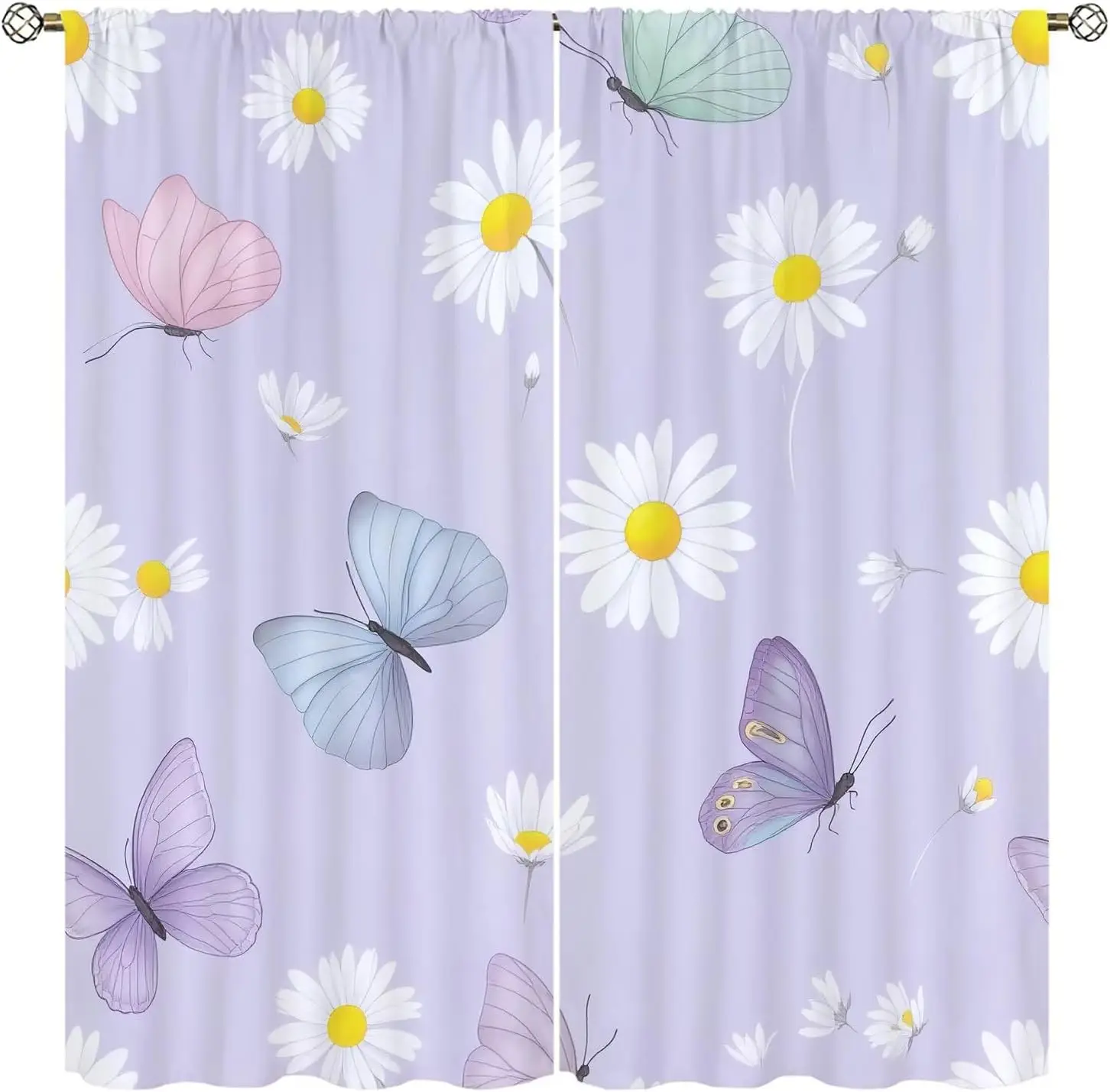 Pastel Purple Daisy Color Butterfly Curtain 2 Panels White Flower Light Lavender Background Master Bedroom Soft Girly Home Decor
