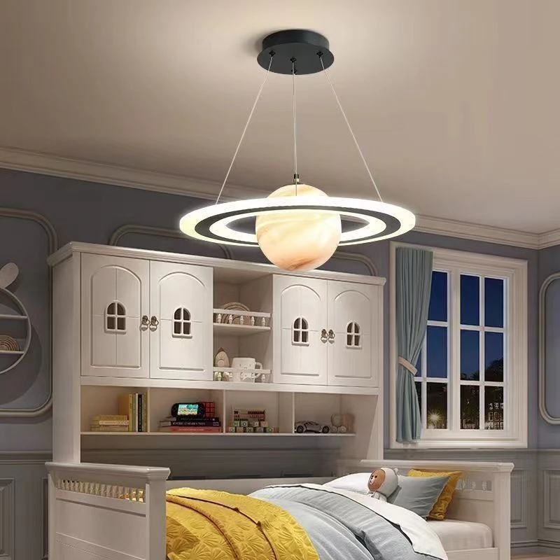 Saturn Planet Led Pendant Light Modern Space Themed Ceiling Lamp For Kids Bedroom Room Decor Fixture Dimmable Nursery Lighting