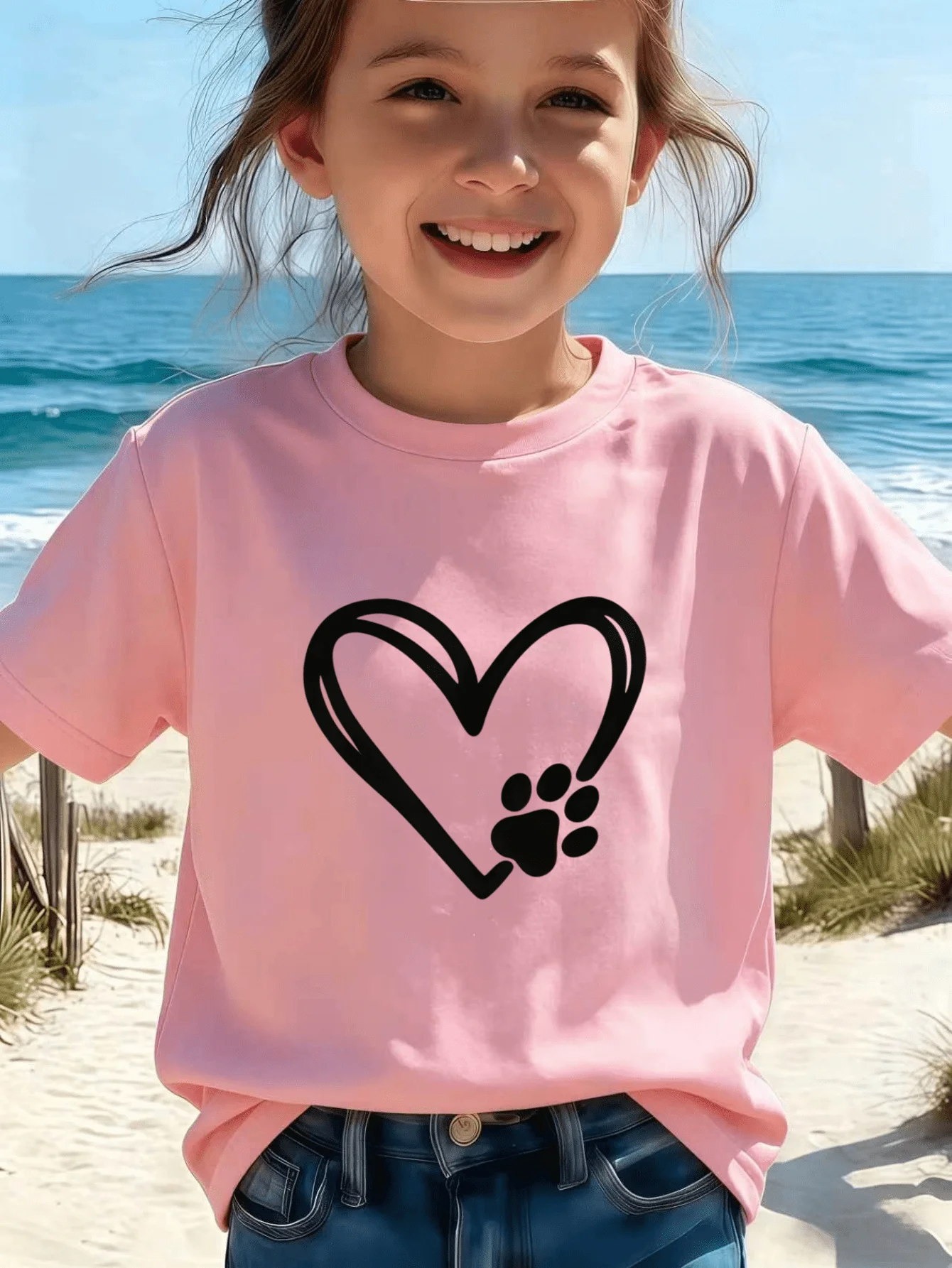 Heart And Pet Paw Print Graphic Kids T Shirt Boys Girls Short Sleeve Crew Neck Cotton Parent Matching Casual Tops Toddler Youth