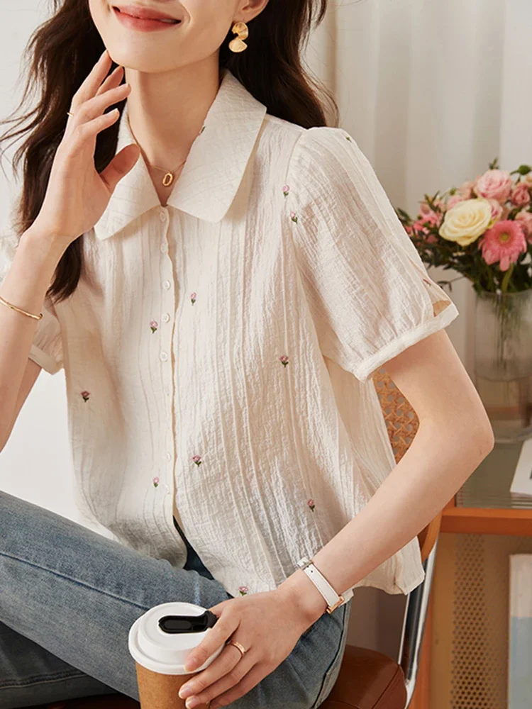 

Elegant Shirts for Women French Retro Patchwork Doll Collar Short Sleeves Blouses Summer New Lady Temperament Tops