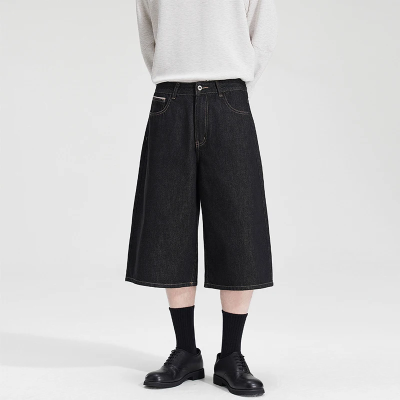 Classic Baggy Men's Raw Jeans Calf-Length Summer Fashion Black Casual Loose Wide Leg Washed Denim Pants High Quality Clothes