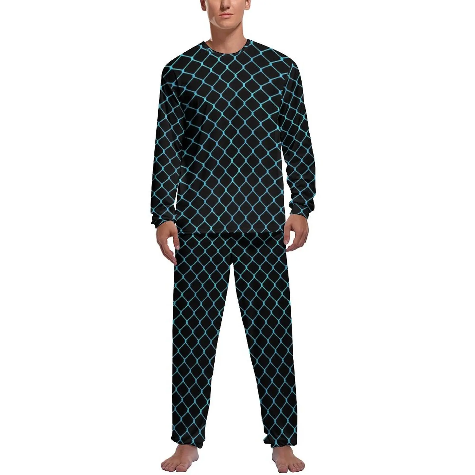 Blue Fence Chains Pajamas Male Elegant Modern Kawaii Sleepwear Autumn Long-Sleeve Two Piece Sleep Design Pajamas Set