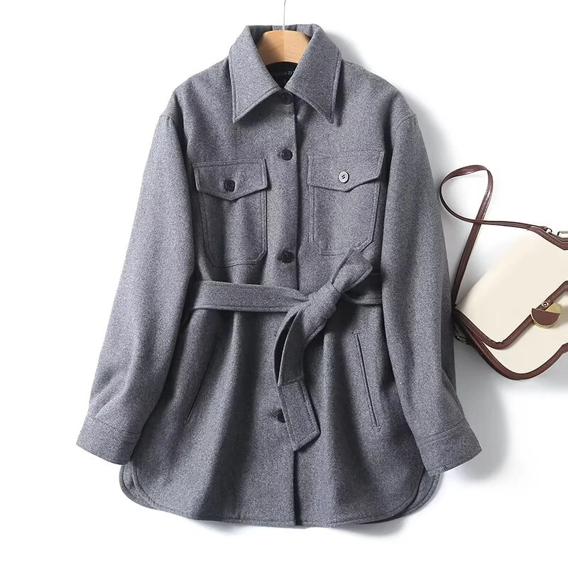 YENKYE Winter Women Gray With Belt Wool Blended Flannel Shirt Style Coat Vintage Lapel Collar Pockets Office Ladies Jacket