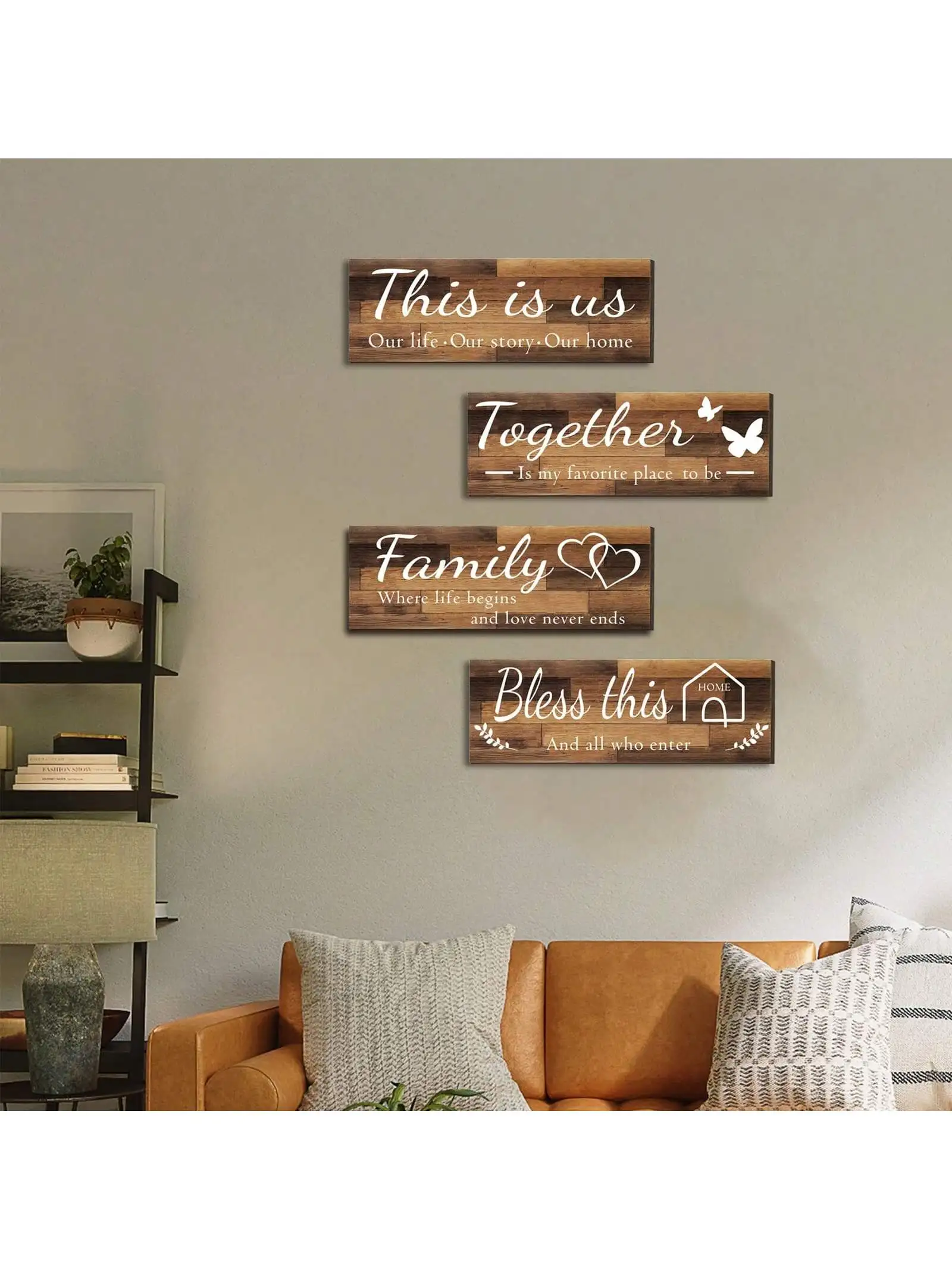 4 pcs Wand dekor Zeichen dies ist uns zusammen segnen dieses Haus Familie rustikale Holz Bauernhaus Home Art Dekor für Wohnzimmer Schlafzimmer