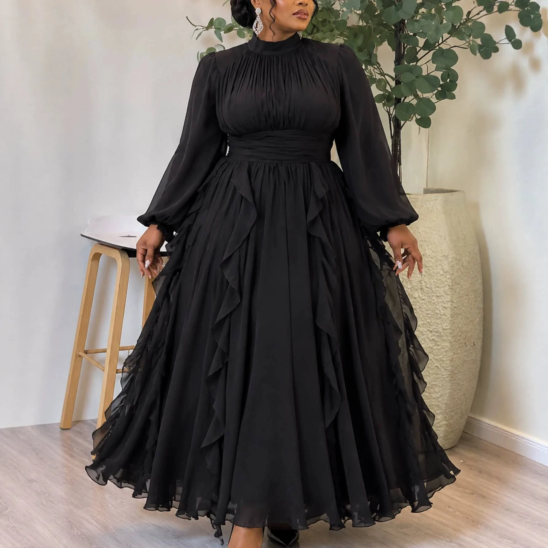 Plus-size Women's Black Chiffon Clothes With A Stand-up Collar, Pleated Lantern Sleeves, Waist-cinching And Ruffled Hem For A