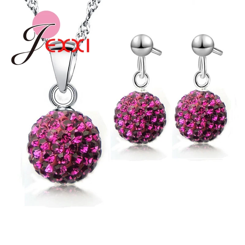 Austrian Pave Disco Ball Stud 925 Sterling Silver Earring Pendant Necklace Austria Crystal Woman Jewelry Sets   Gift