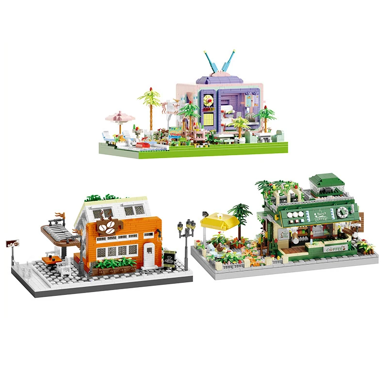 

Creative City Streetscape Build Brick Street View TV Party Stage Coffee Courtyard Shop Figures Micro Diamond Block Toy Nanobrick