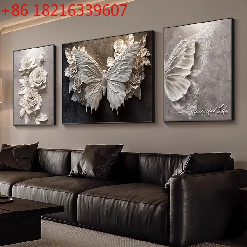 Butterfly black and white art living room decorative painting triptych sofa background wall