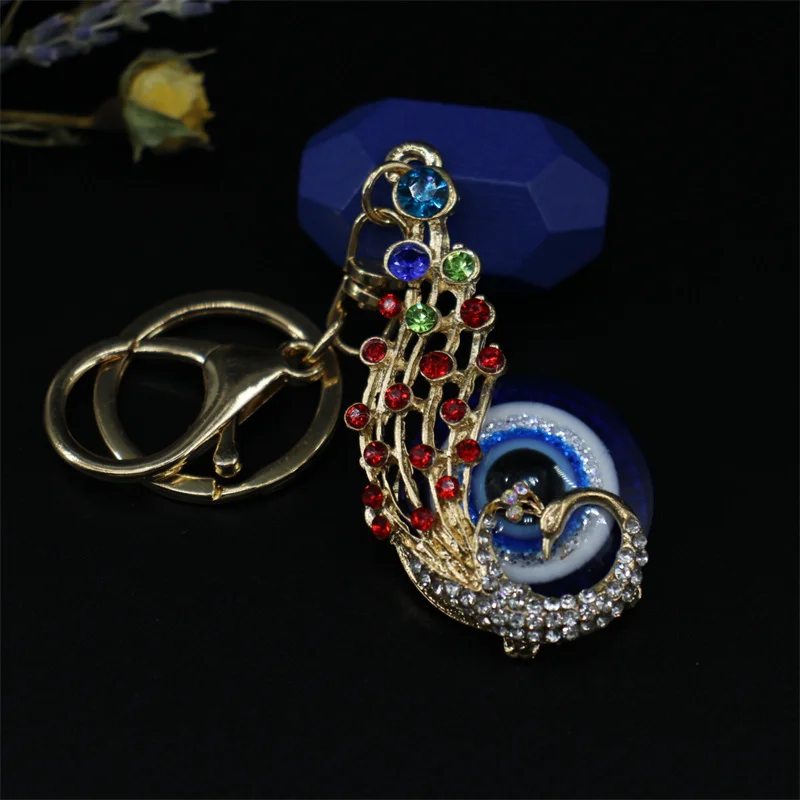 Religious Evil Eye Keychain Pendant Car Key & Keyring Deep Blue Peacock Animal Women Bag Accessories