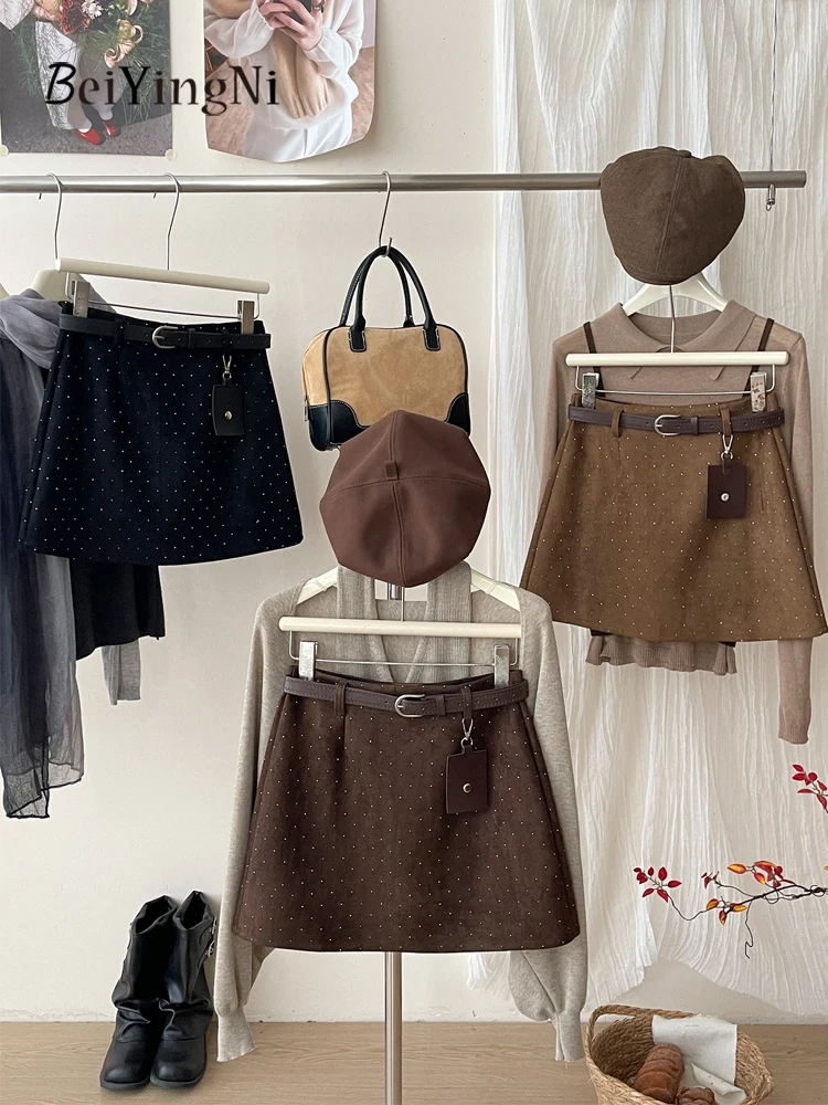 Beiyingni Autumn Winter Casual Skirts Women Vintage Stylish Velvet High Waist A-line Skirt Female Plain Slim Streetwear Skirts