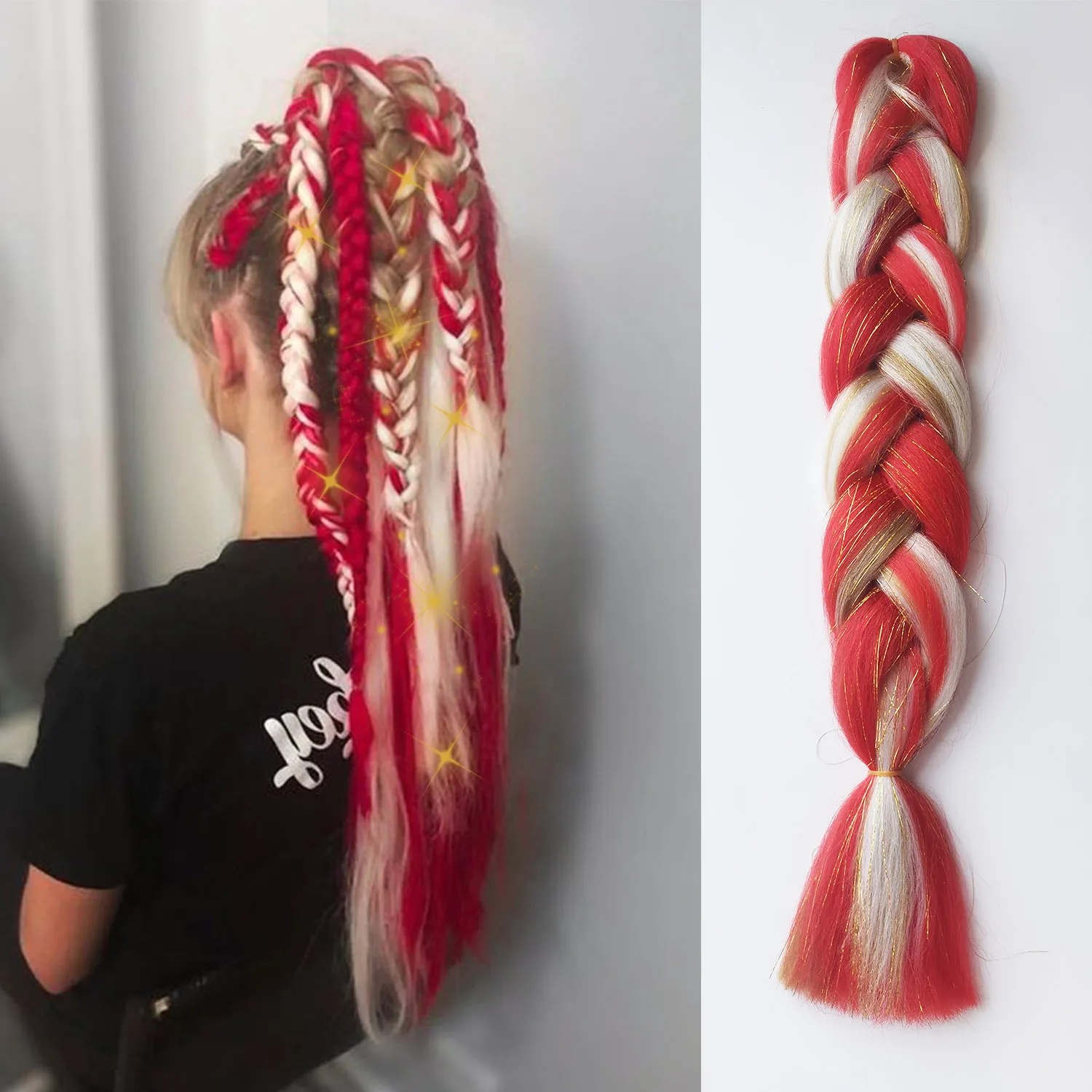 Red Yellow Christmas Jumbo Braids Synthetic Colorful Braid Mixed Tinsels Festival Rave Braids for Girls Kids Christmas Halloween