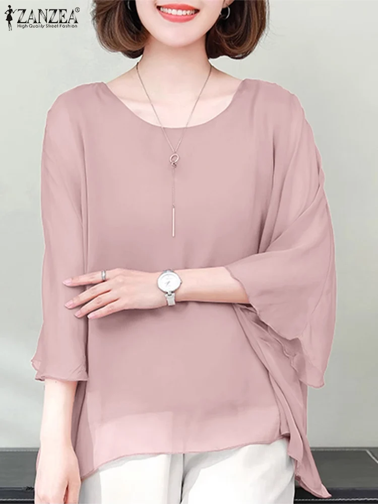 ZANZEA Women Oversize Chiffon Blouse Summer 3/4 Sleeve Irregular Hem Tops Shirt 2024 Korean Round Neck Loose Tunic Casual Blusa