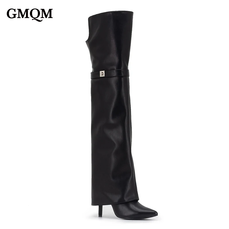 GMQM Fashion Women Over Knee Boots Pointed Toe Stiletto Long Boots Designer Ladies High Heels Black Zip Shark Lock Fold Boots