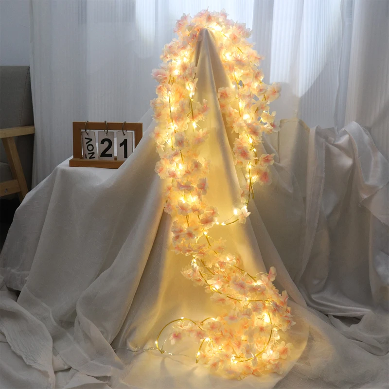 180CM Kirschblüten-Lichter-Girlande, künstliche Blume, rosa Rebe, Hochzeitsbogen, LED-Hintergrund, Dekor, Zuhause, Zimmer, Party, Girlande, Pastell – Detail 4