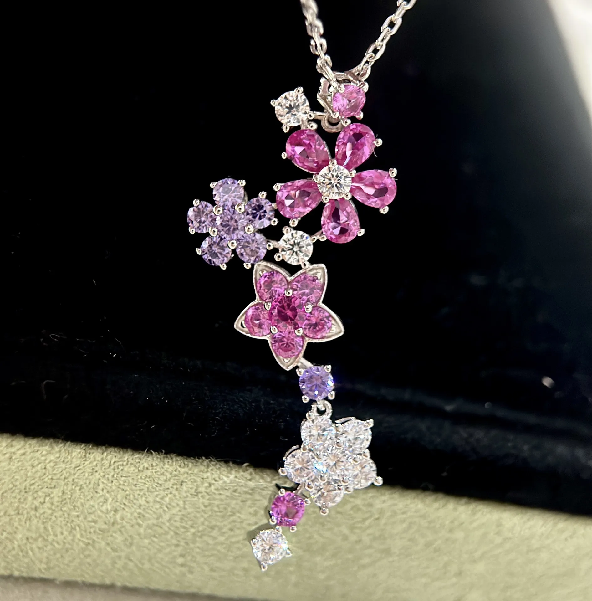 Free ShippingS925 Silver Midsummer Night Dream Pink Purple Diamond Flower Long Style Celebrity Luxury Dinner Necklace Female