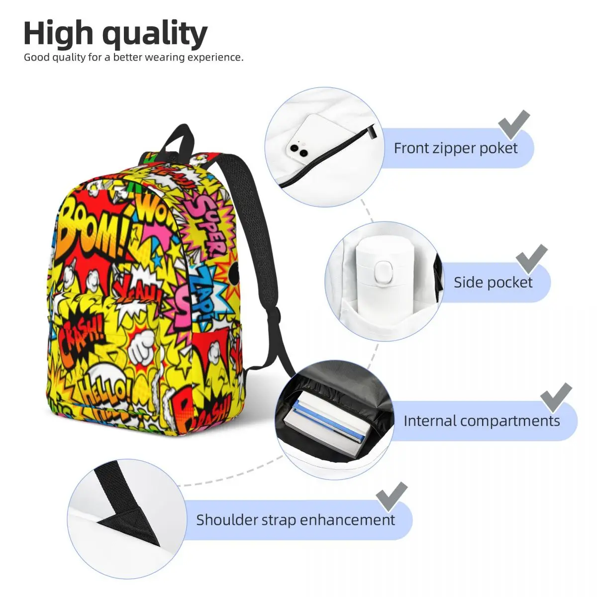 Superheroes Comic Book Collection Pop Art Quotes Backpack Middle High College School Student Bookbag Teens Daypack Outdoor