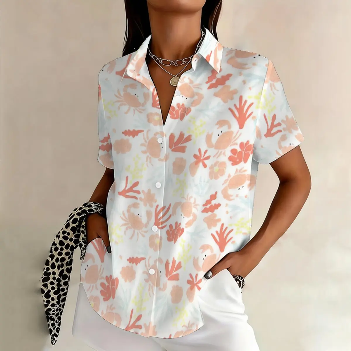 

Summer plus-size women's casual short-sleeved printed shirt, loose fit, flattering for curvy women