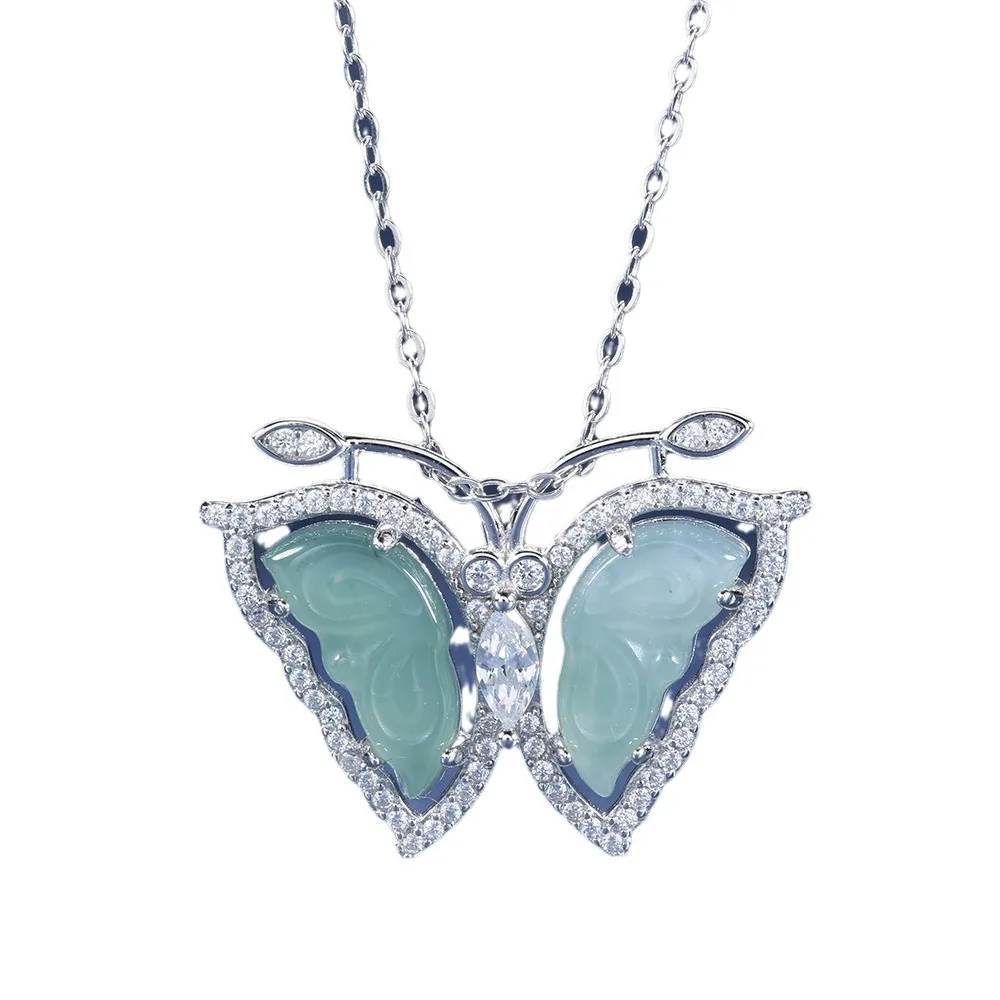 Natural Hazardous Material Blue Water Jade Butterfly Pendant 18K Gold Inlaid Fashionable New Chinese Platinum PT950 Pendant