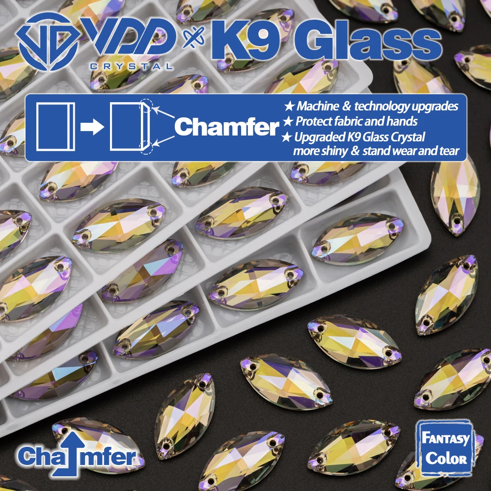 VDD Navette 9x18mm 36 Stück Geisterlichtfarbe Top-Qualität K9-Glas Aufnähbarer Strass Kristall Flachrückseite Kleidungsdekoration – Detail 2