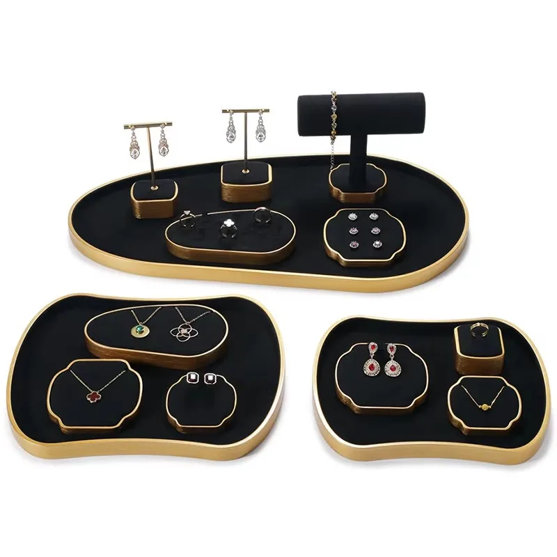 High-end gold jewelry display set Free combination metal jewelry rack Black microfiber jewelry display rack Suitable for store c