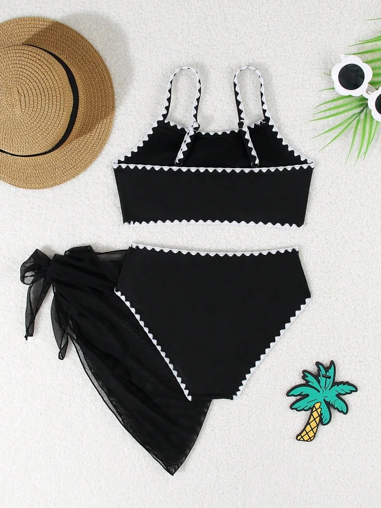 Girls Kids Swimsuit 2026 New Black Sling Bikinis Set Children Swimwear Summer High Waist Mesh Three Piece Beachwear Bathing Suit