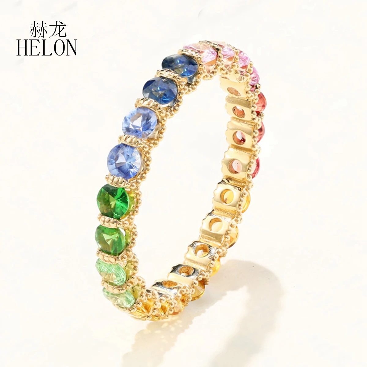 HELON Solid 14K Yellow Gold Round 1.7 Carat Real Rainbow Sapphire Engagement Ring Women Gemstone Wedding Eternity Band Jewelry