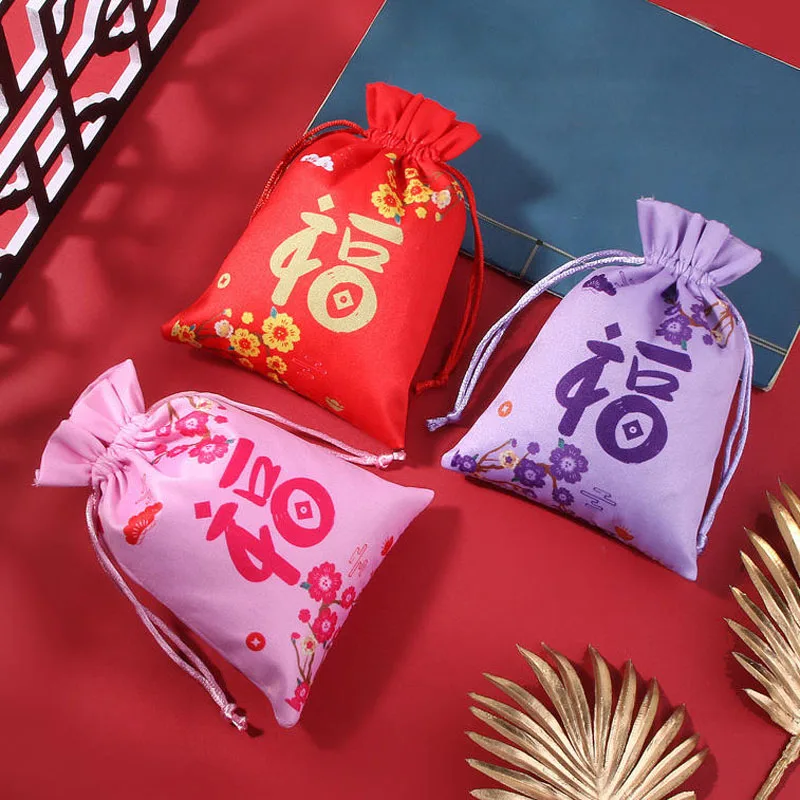 50pcs/Lot 10*14cm Chinese Style Peach Blossom Satin Cloth Drawstring Bags Pouches Wedding Gift New Lucky FU Bag