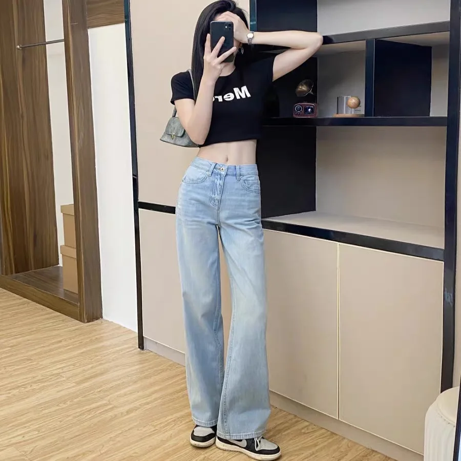 

Летние новые женские джинсы с высокой талией и широкими штанинами, тонкие, охлаждающие, из шелковистой ткани, свободного кроя, повседневные, длинные брюки в пол