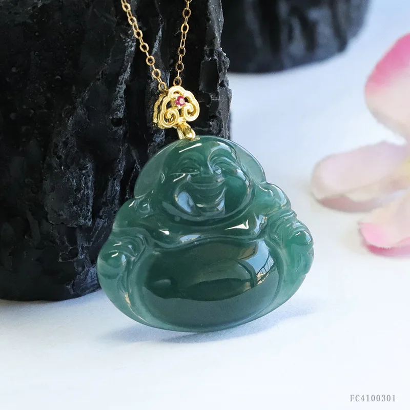 S925 Silver Inlaid Natural Jadeite Buddha Pendant Blue Water Jade Necklace Fashion Personality Female Accessories Amulet Gift