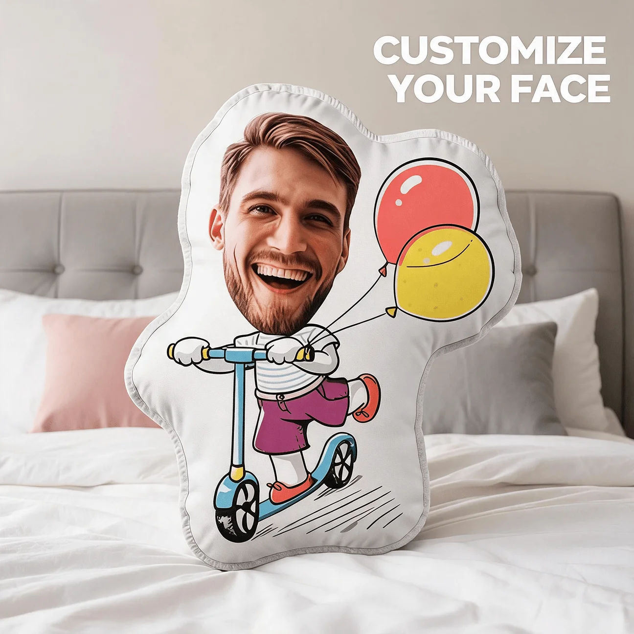 Custom Photo Face Shaped Pillow, Funny for Man On Scooter with Balloons Personalized Decorative Cushion, 70cm Home Decor Accent