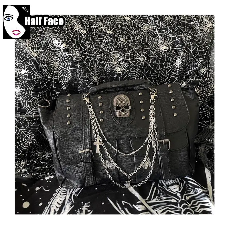 Y2K Spicy Girls Harajuku Gothic Punk Skeleton Head Chain Locomotive Subculture One Shoulder Lolita Women\'s Crossbody Bags Tote