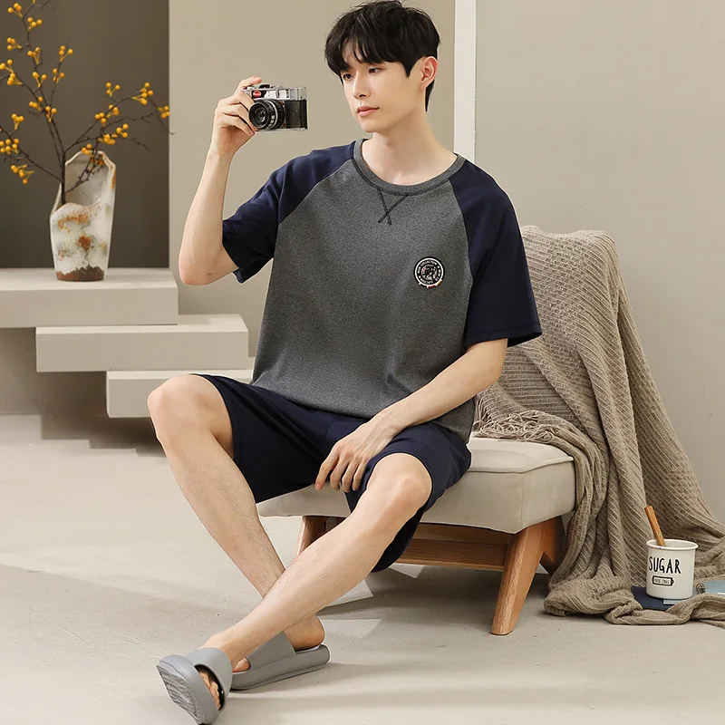 2023 New Men's Nightwear Summer Thin Soft Homewear Youth Boy Short Sleeping Top & Pant Pajamas Set Male Sleepwear Big Size