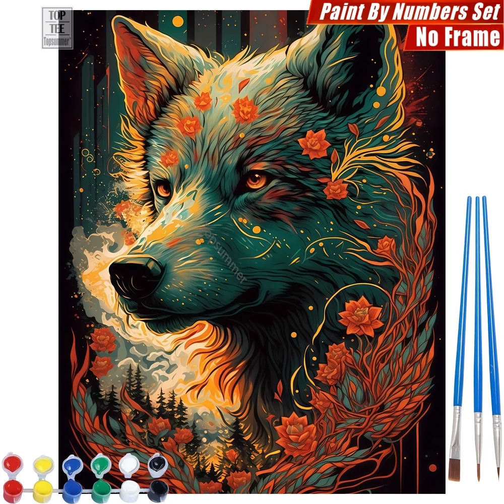 Kit de pintura por números DIY de Fantasy Wolf Flowers - Silueta de ciudad, decoración de pared para el hogar, regalo para profesores, regalo para colegas