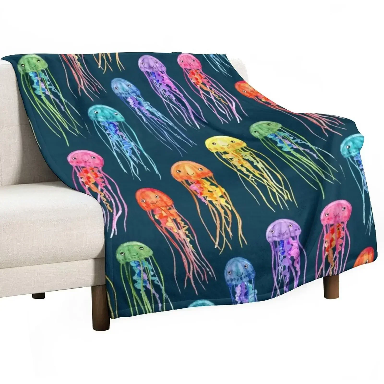 Rainbow Watercolor Jellies on Dark Teal Throw Blanket Luxury Thicken For Decorative Sofa Blankets